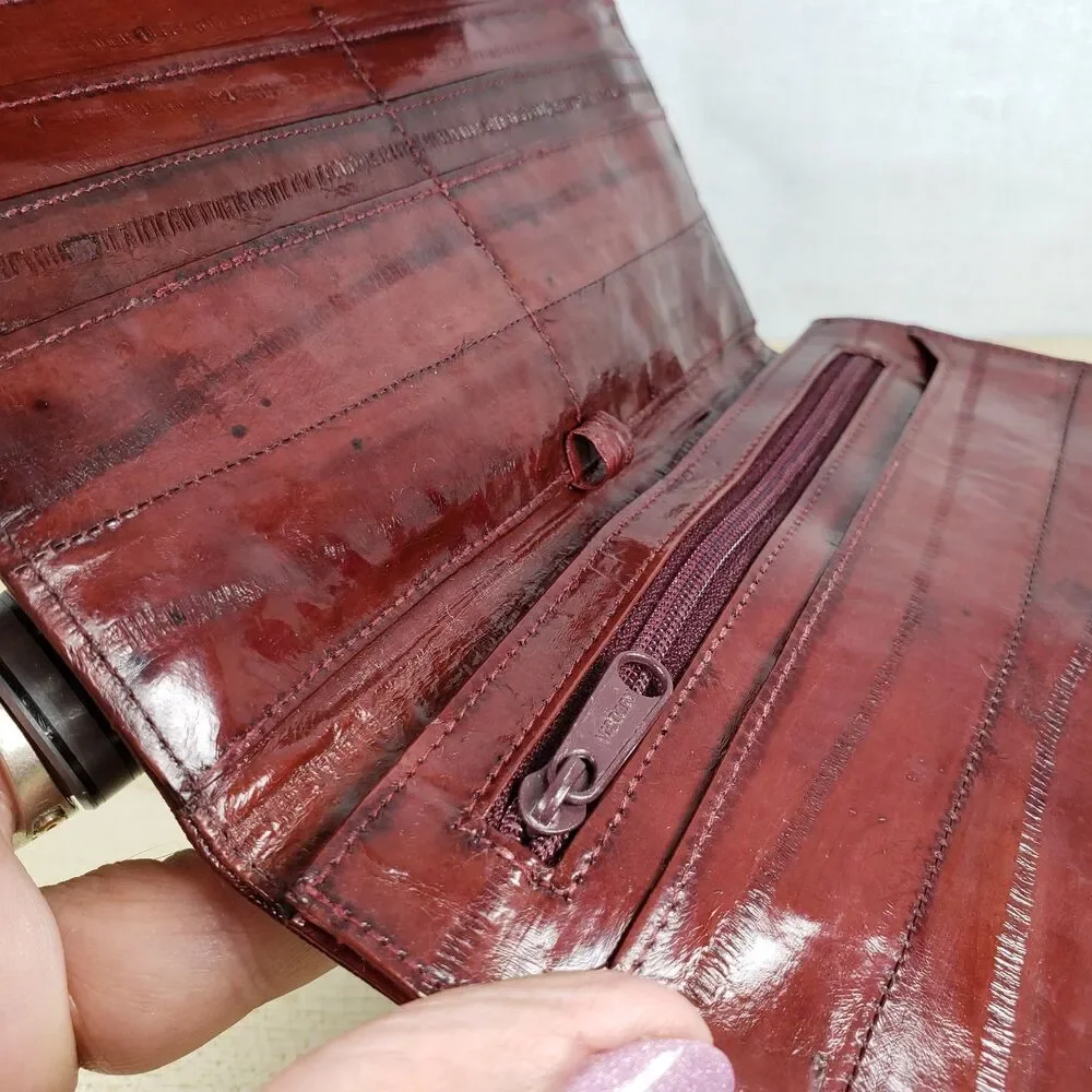 Vintage Eel Skin Burgundy  Wallet Check Book Cover Snap 7